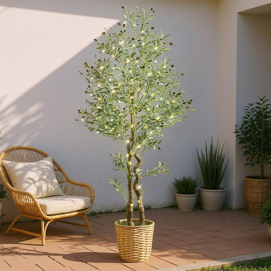 KOL 7ft Artificial Olive Tree with 10’’ Woven Basket, Realistic Fake Faux Plant with Waterproof 100 LED String Lights, Greenery for Home Office Indoor Outdoor Decor
