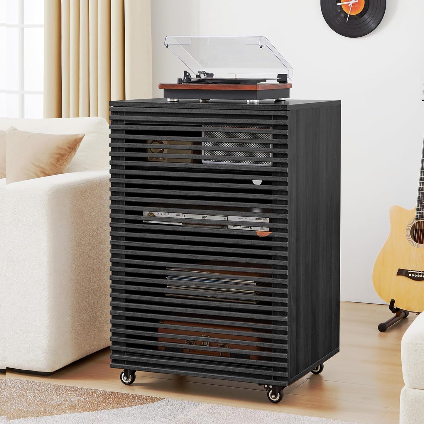 LEVNARY 5-Tier AV Media Cabinet with Grille Door & Adjustable Shelves, Modern Wooden Stereo Rack with Cable Management & Wheels, Audio Video Stand for Living Gaming Room Recording Studio (Walnut)