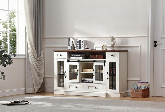 59.2" TV Stands for TV up to 65", Storage TV Cabinet,TV Table,Entertainment Center with Open Storage,TV Console,Media Console for Living Room and Bedroom,Sliding Doors,Antique White