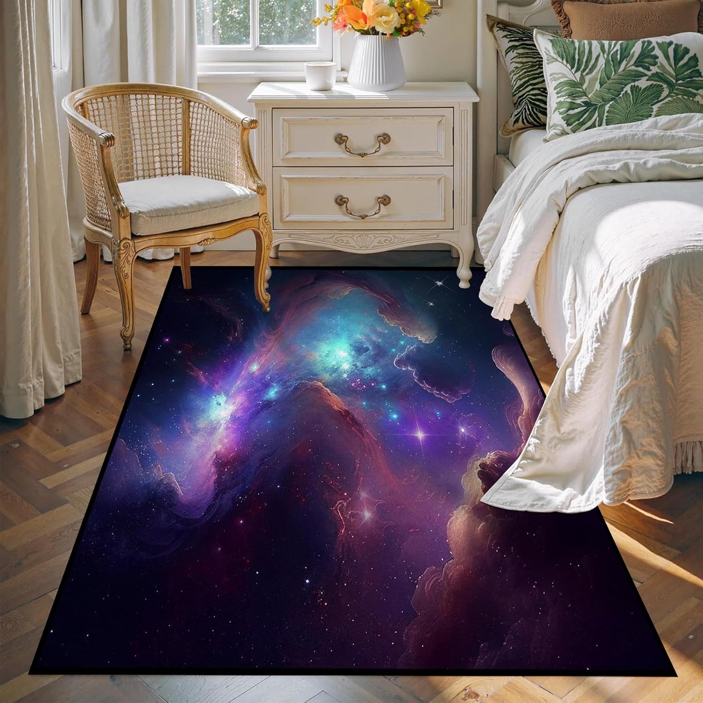 5' X 7' Galaxy Area Rug Dark Blue Starry Sky Carpets for Kids Bedroom Living Room Glitter Outer Space Throw Rugs Floor Mat