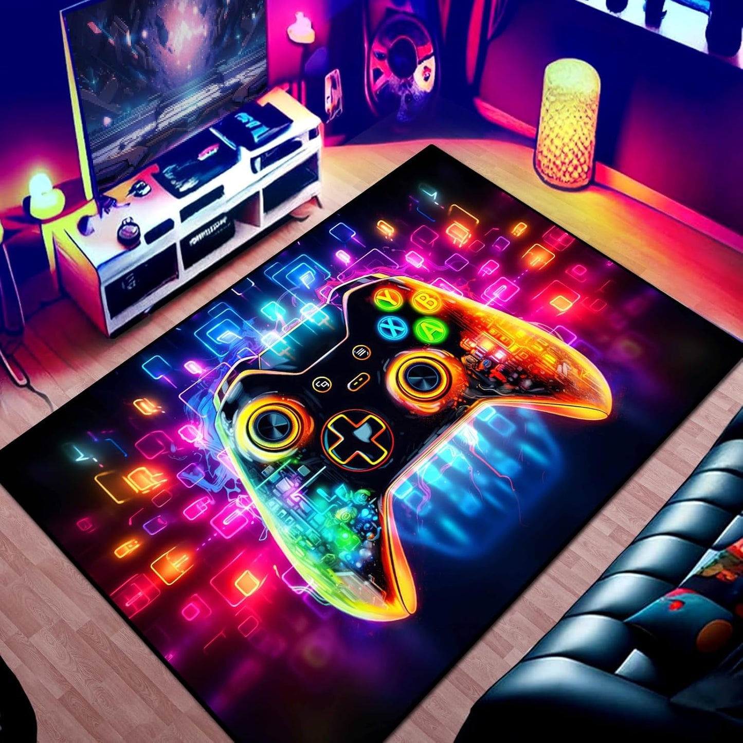 Gaming Area Rug Teen Boys Carpet, 3D Transparent Gamepad and Colorful Bomb Background Game Controller Design for Game Room, Gaming Room, Boys Girls Bedroom Playroom, Living Room (70" x 55")