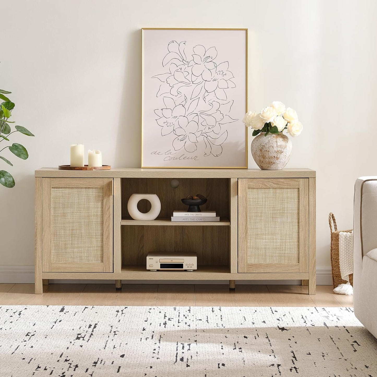 SICOTAS Rattan TV Stand for Living Room - 26" Tall TV Console Cabinet with Storage and Adjustable Shelf, Boho Entertainment Center, 59" Media Console for 50, 55, 65 Inch TV, Light Oak