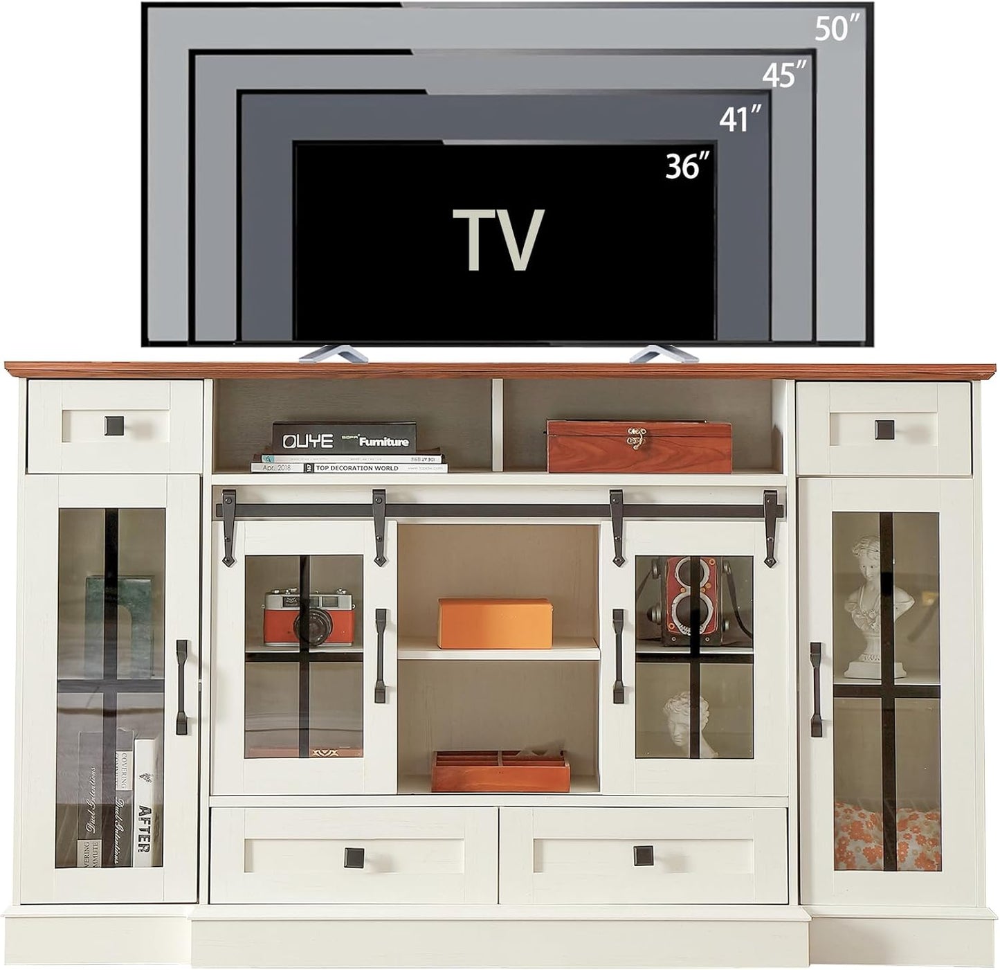 59.2" TV Stands for TV up to 65", Storage TV Cabinet,TV Table,Entertainment Center with Open Storage,TV Console,Media Console for Living Room and Bedroom,Sliding Doors,Antique White