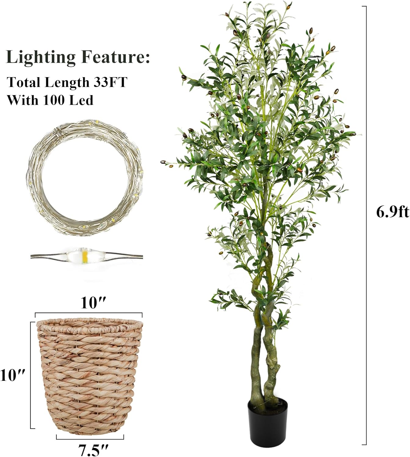KOL 7ft Artificial Olive Tree with 10’’ Woven Basket, Realistic Fake Faux Plant with Waterproof 100 LED String Lights, Greenery for Home Office Indoor Outdoor Decor