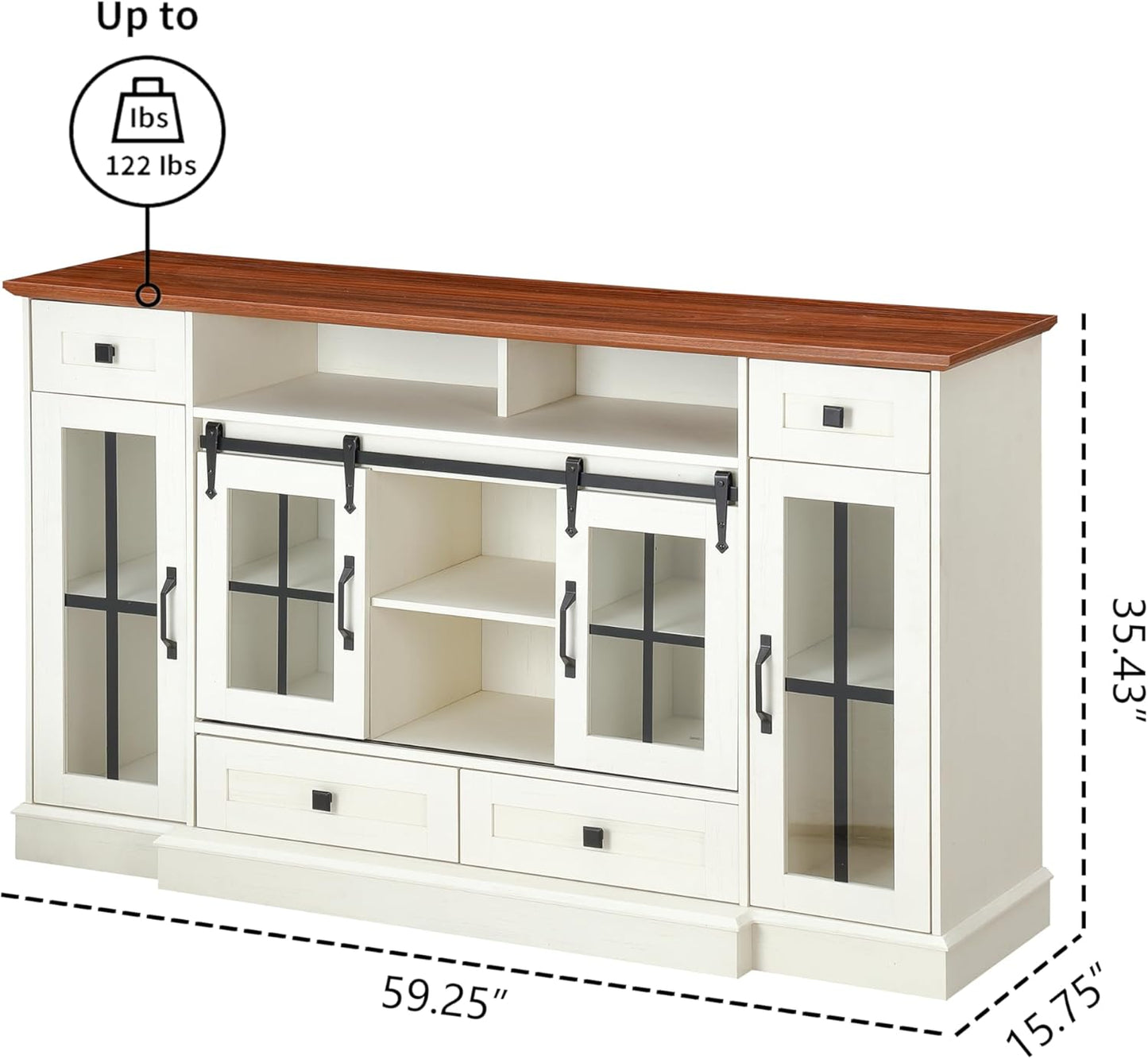 59.2" TV Stands for TV up to 65", Storage TV Cabinet,TV Table,Entertainment Center with Open Storage,TV Console,Media Console for Living Room and Bedroom,Sliding Doors,Antique White