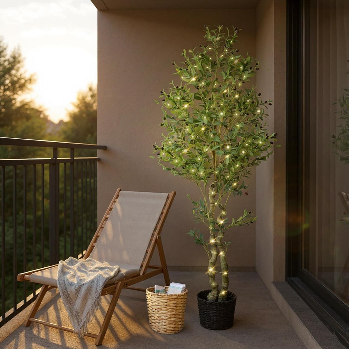 KOL 7ft Artificial Olive Tree with 10’’ Woven Basket, Realistic Fake Faux Plant with Waterproof 100 LED String Lights, Greenery for Home Office Indoor Outdoor Decor