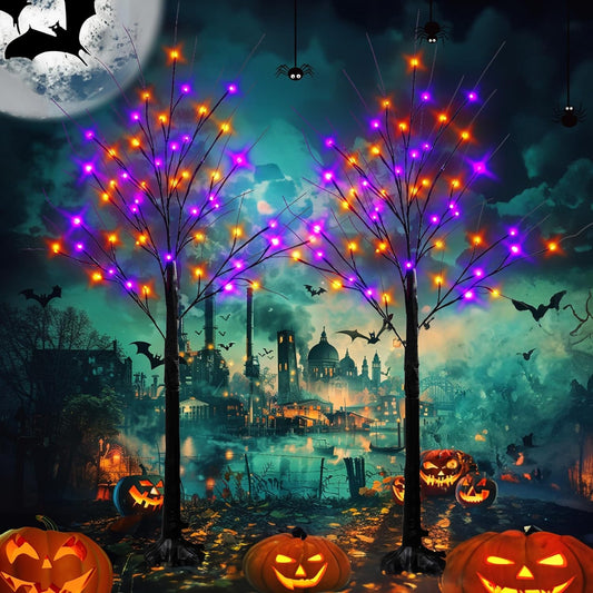 Dazzle Bright 2 Pack 4FT Halloween Lighted Up Birch Tree, Total 96 LED Purple and Orange Fairy Lights with Timer, Waterproof for Indoor Outdoor Home Party Halloween Decoration