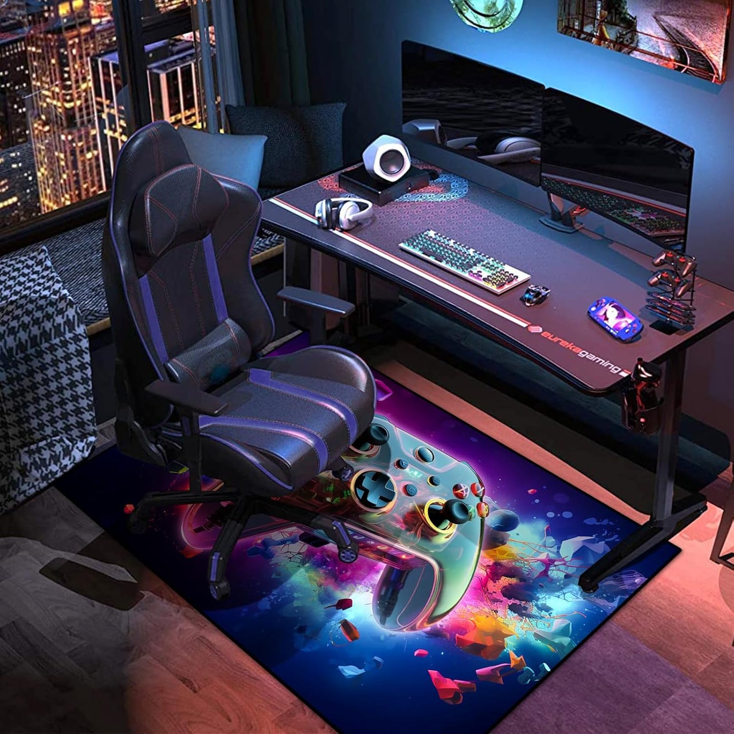 Gaming Area Rug Teen Boys Carpet, 3D Transparent Gamepad and Colorful Bomb Background Game Controller Design for Game Room, Gaming Room, Boys Girls Bedroom Playroom, Living Room (70" x 55")