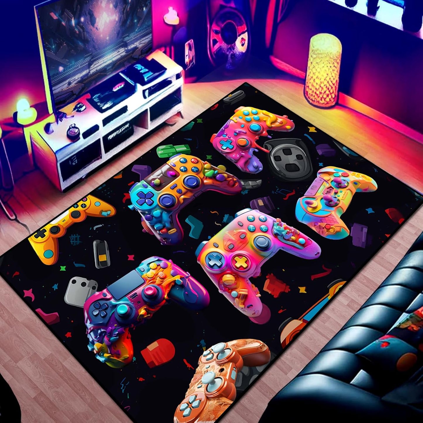 Gaming Area Rug Teen Boys Carpet, 3D Transparent Gamepad and Colorful Bomb Background Game Controller Design for Game Room, Gaming Room, Boys Girls Bedroom Playroom, Living Room (70" x 55")