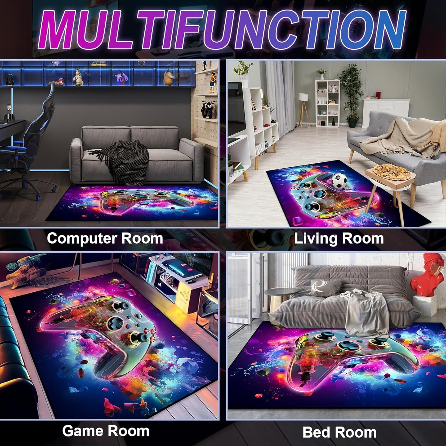 Gaming Area Rug Teen Boys Carpet, 3D Transparent Gamepad and Colorful Bomb Background Game Controller Design for Game Room, Gaming Room, Boys Girls Bedroom Playroom, Living Room (70" x 55")