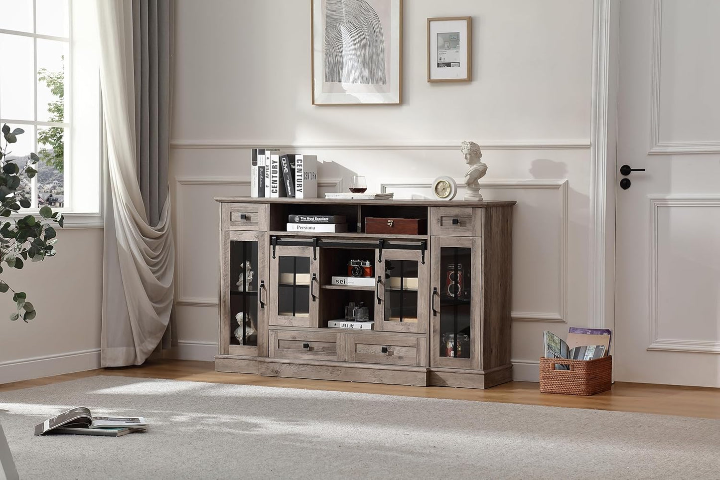 59.2" TV Stands for TV up to 65", Storage TV Cabinet,TV Table,Entertainment Center with Open Storage,TV Console,Media Console for Living Room and Bedroom,Sliding Doors,Antique White