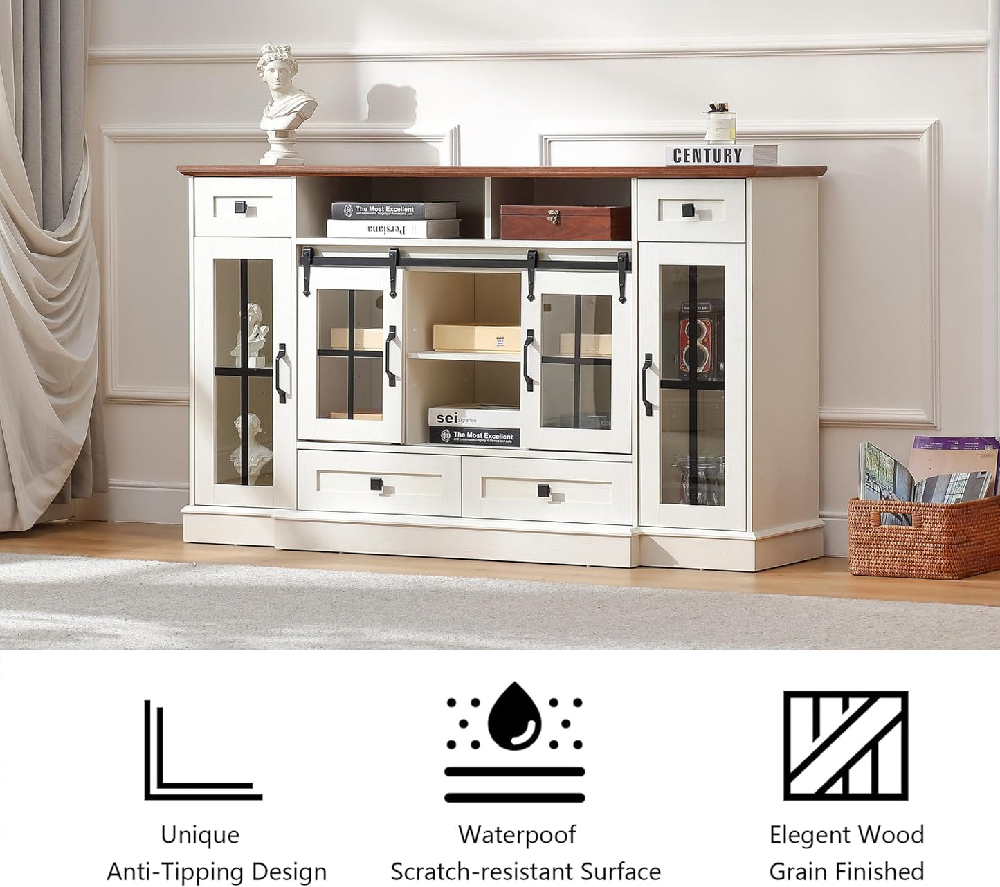 59.2" TV Stands for TV up to 65", Storage TV Cabinet,TV Table,Entertainment Center with Open Storage,TV Console,Media Console for Living Room and Bedroom,Sliding Doors,Antique White