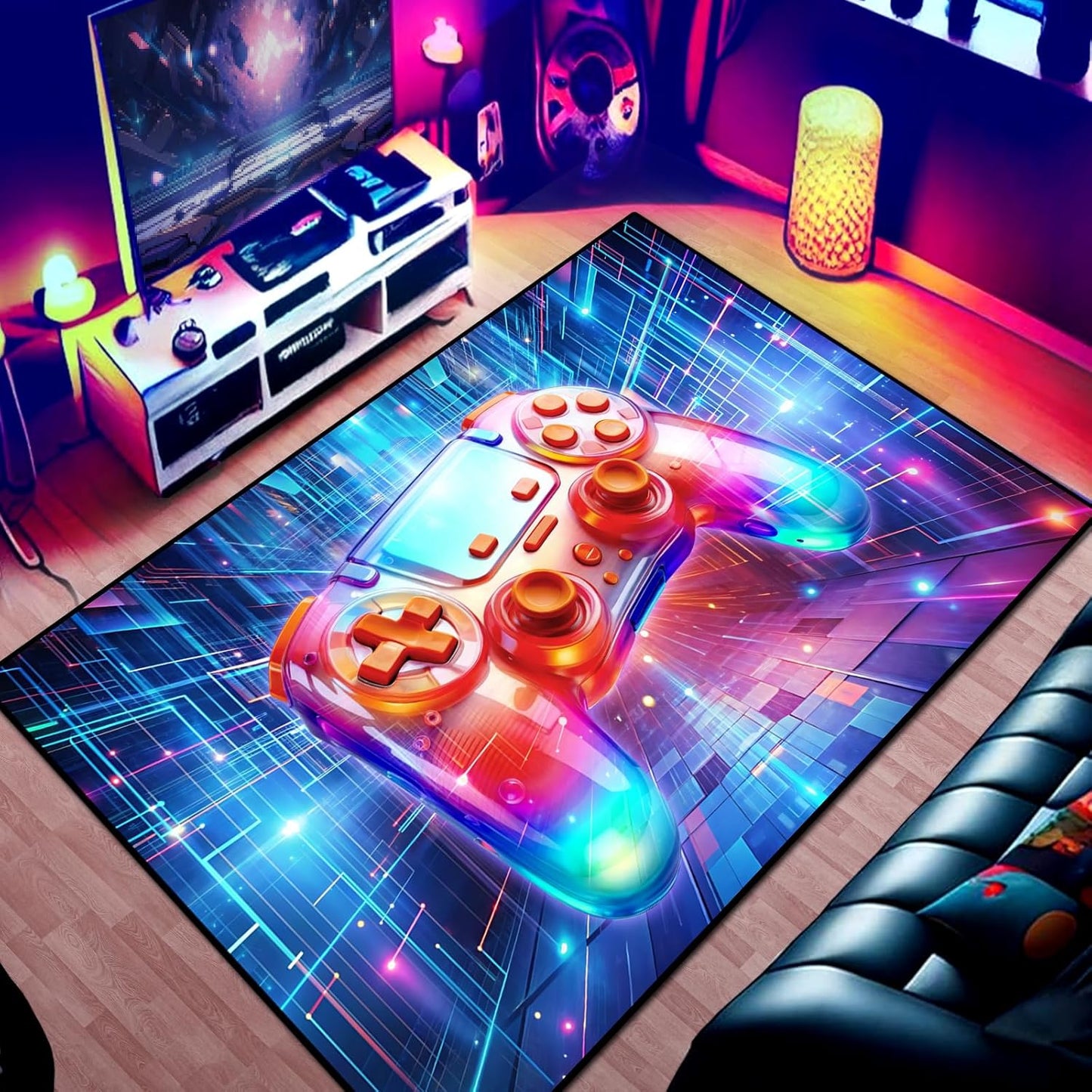 Gaming Area Rug Teen Boys Carpet, 3D Transparent Gamepad and Colorful Bomb Background Game Controller Design for Game Room, Gaming Room, Boys Girls Bedroom Playroom, Living Room (70" x 55")