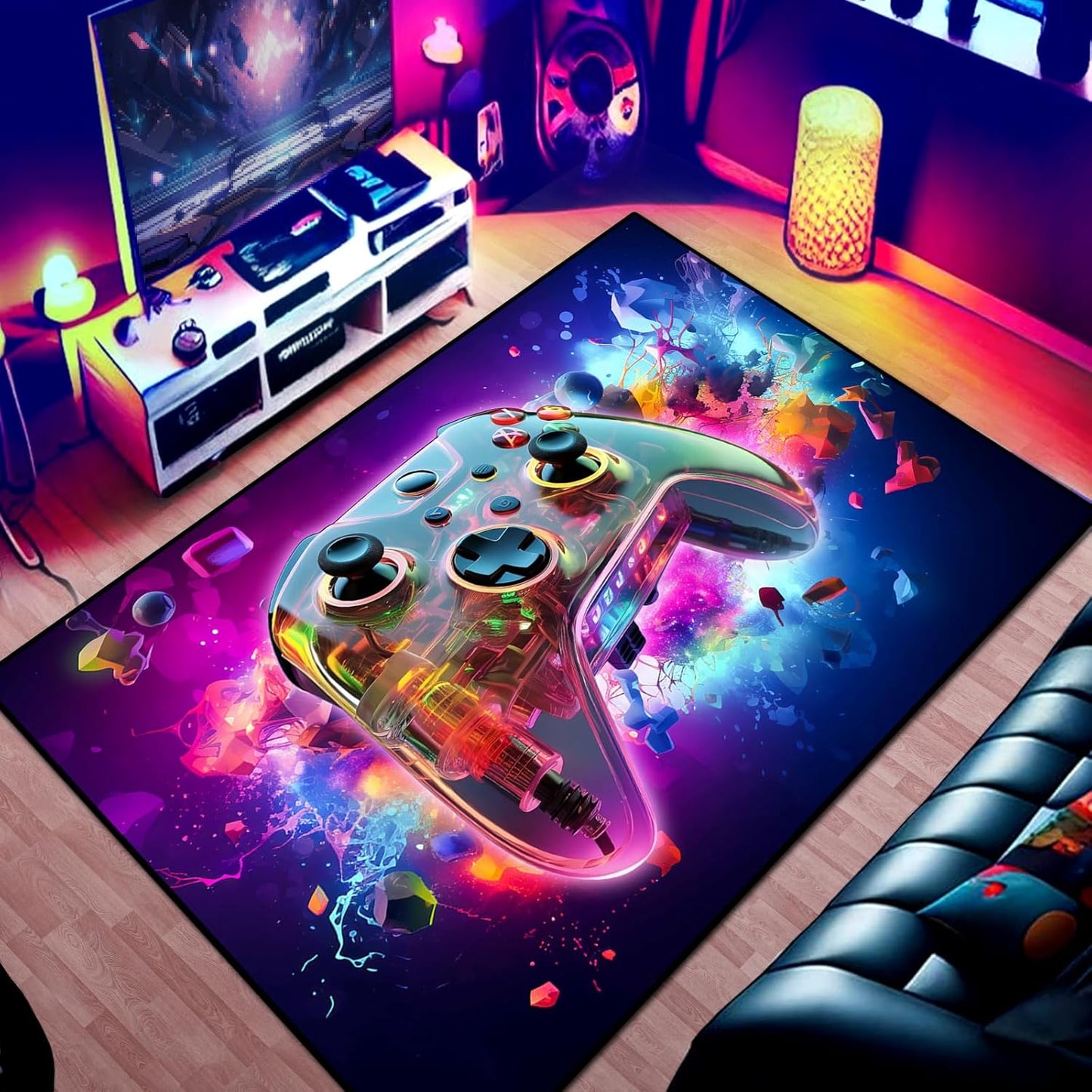 Gaming Area Rug Teen Boys Carpet, 3D Transparent Gamepad and Colorful Bomb Background Game Controller Design for Game Room, Gaming Room, Boys Girls Bedroom Playroom, Living Room (70" x 55")