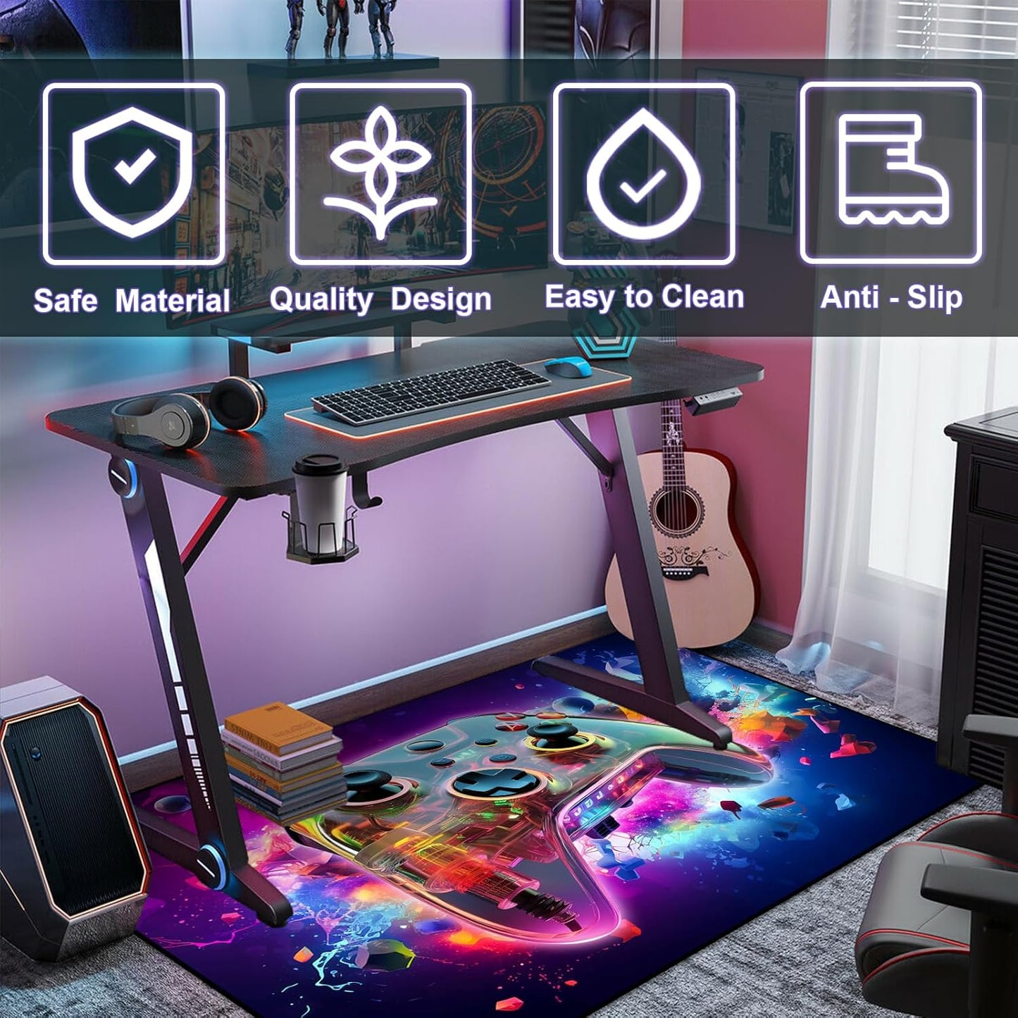 Gaming Area Rug Teen Boys Carpet, 3D Transparent Gamepad and Colorful Bomb Background Game Controller Design for Game Room, Gaming Room, Boys Girls Bedroom Playroom, Living Room (70" x 55")
