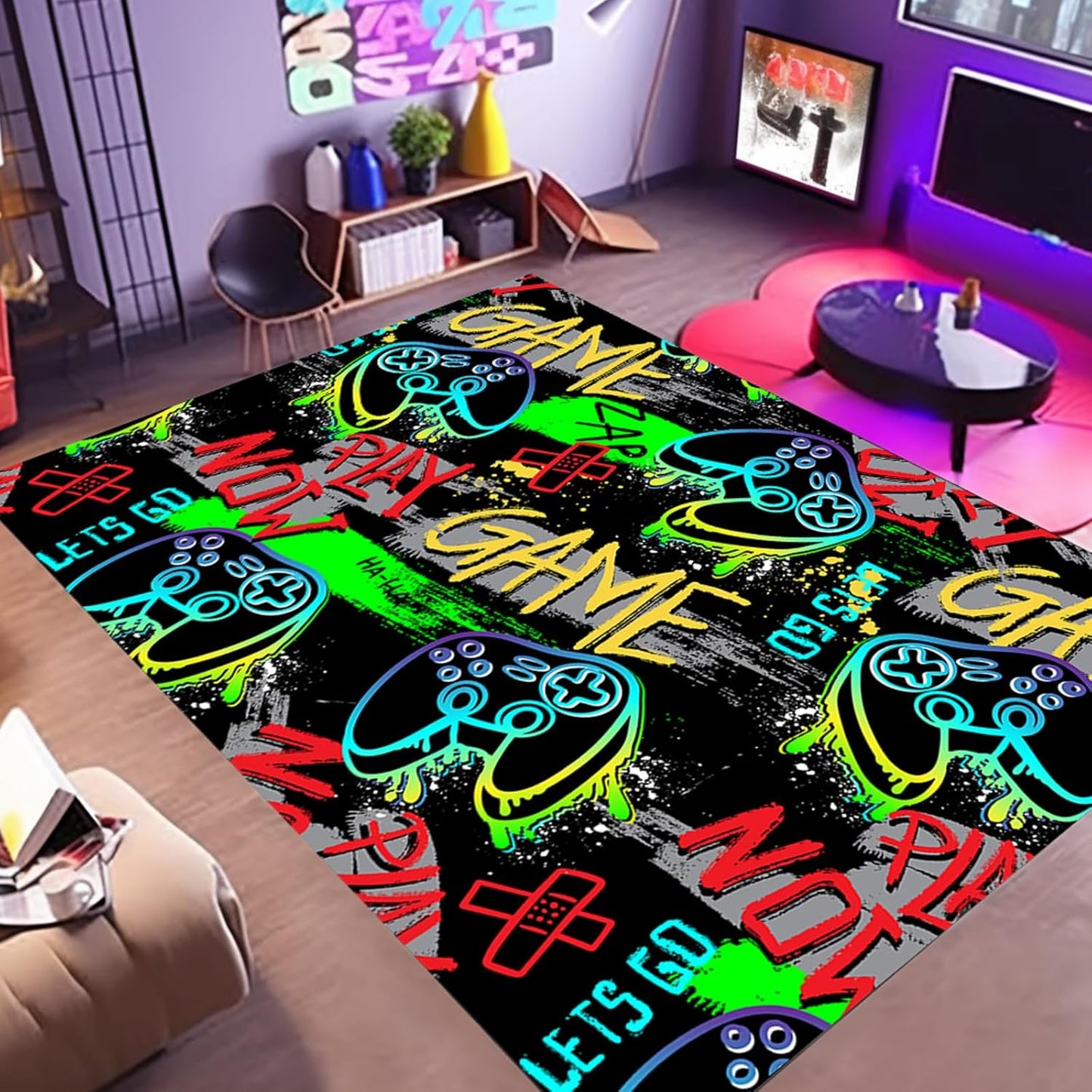 Gamer Rug for Game Room 5'x7' Non-Slip Gaming Rugs,Cool Graffiti Carpet for Bedroom Living Room Decor