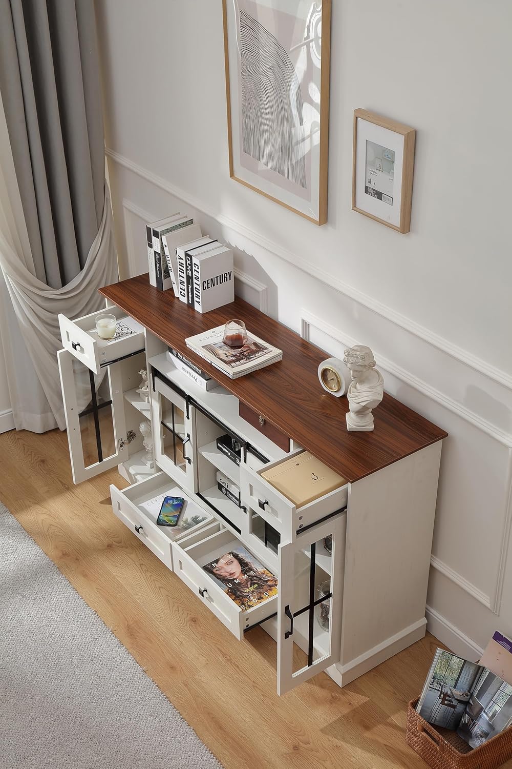59.2" TV Stands for TV up to 65", Storage TV Cabinet,TV Table,Entertainment Center with Open Storage,TV Console,Media Console for Living Room and Bedroom,Sliding Doors,Antique White